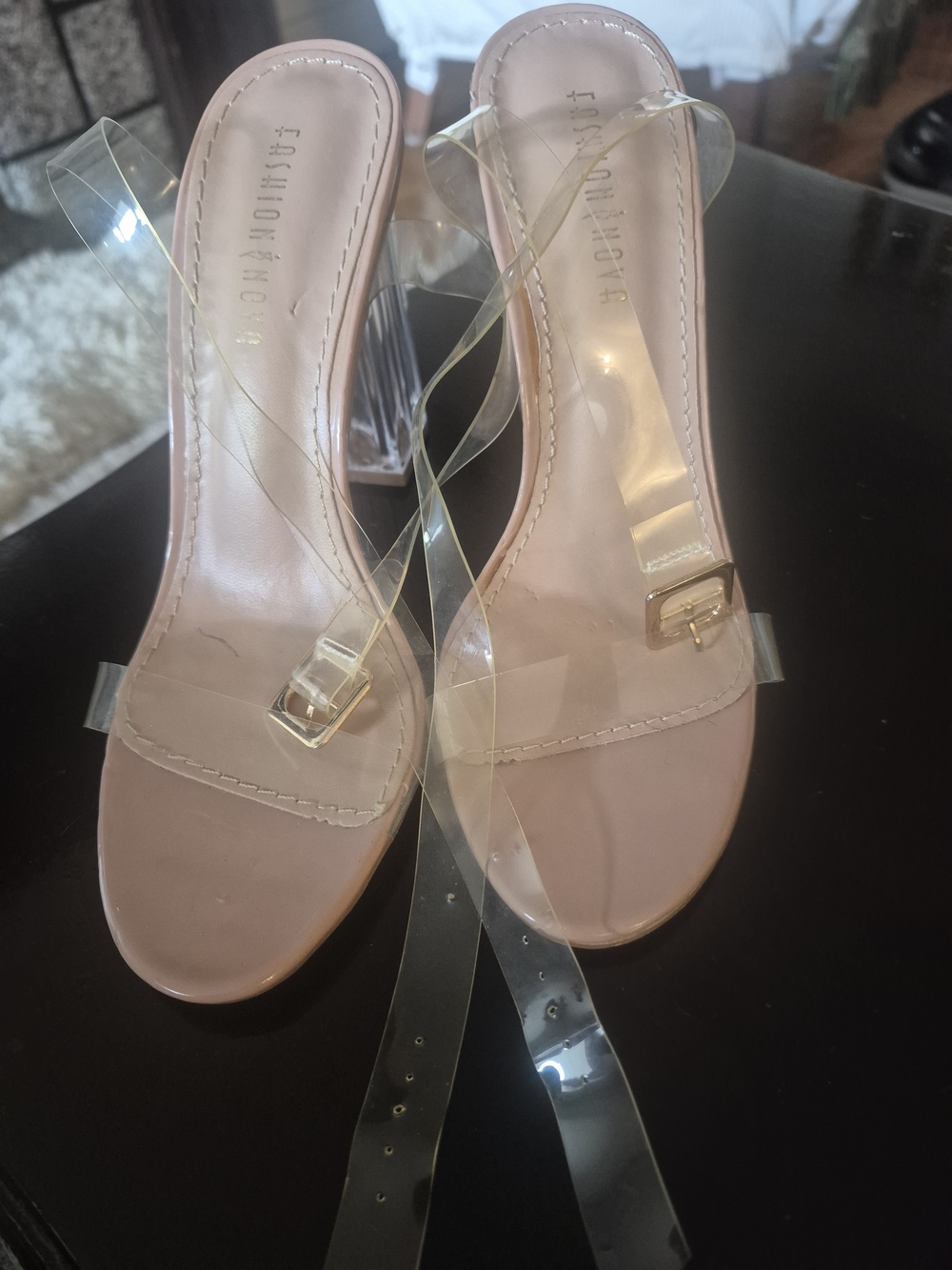 Fashion Nova Blush Nude Clear Strap Block Heels